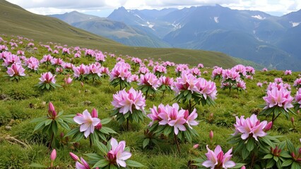 Obraz premium Mountain Meadow Bliss: A Symphony of Pink Flowers and Verdant Hills