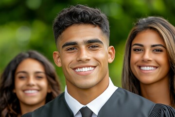 A smiling young man posing for a photo in a graduation gown, with family members proudly standing behind him