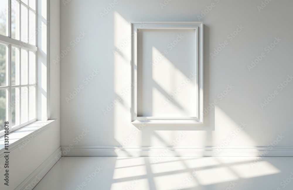 Poster white room interior. sunlight casts shadows on wall. large window lets in light. empty white frame o