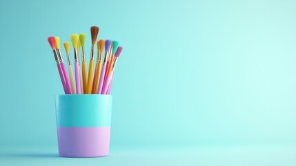 Colorful paintbrushes in a light purple and teal cup against a mint-colored background.