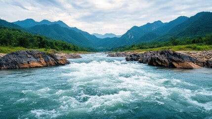 Serene Mountain River Flowing Through Lush Green Valley Landscape