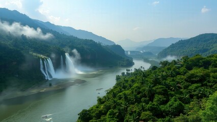 Fototapeta premium Breathtaking Waterfall Aerial View: Nature's Majesty in Full Glory