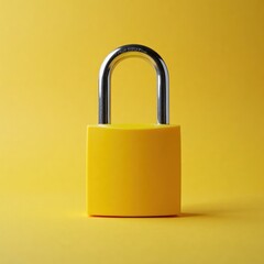 Naklejka premium Bright yellow padlock with silver shackle. Safety, security concept. Simple design for secure storage protection. Strong image reliable protection against unauthorized access. Perfect for tech