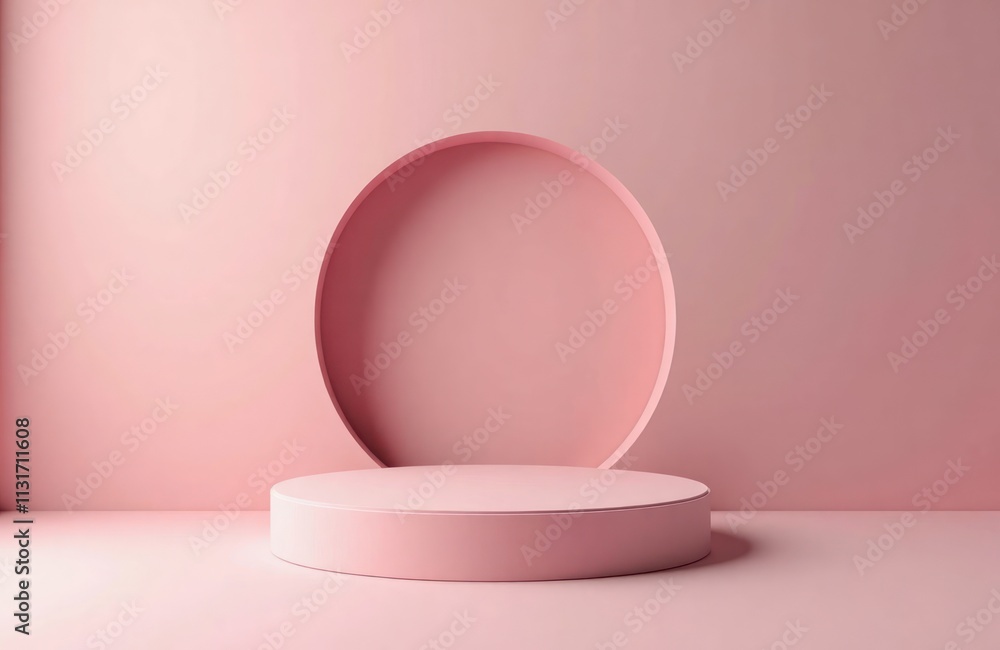 Poster pink podium with circle on wall. minimalist scene for product presentation. empty stage ready for. f