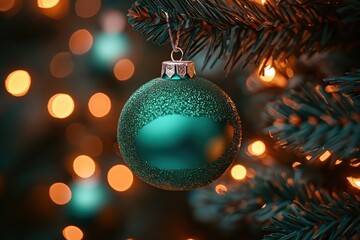 Fototapeta premium Green Christmas ornament on tree. Festive decoration. Warm lighting. Holiday season. Festive atmosphere. Christmas tree branch. Close-up view. Festive ornament. Winter holidays. Sparkly surface.