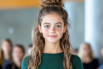 A young person receiving applause after delivering a heartfelt speech at a community event, radiating confidence and pride