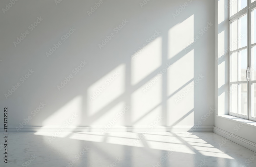 Poster Bright empty room with large window. Sunlight casts shadows on white walls, floor. Minimalist design. Interior design concept. Modern architecture. Empty space. Light patterns. Sunlit room. Stylish