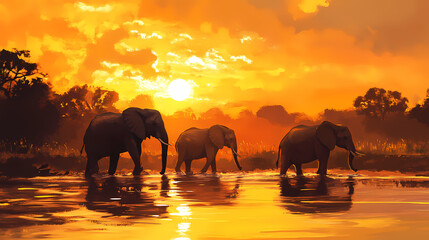 African elephants crossing river at sunset tourists watch. Goldenhour. Illustration