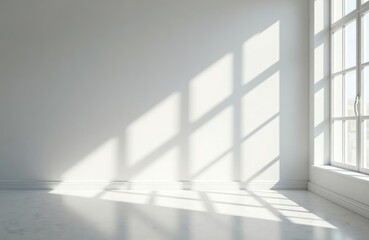 Fototapeta premium Bright empty room with large window. Sunlight casts shadows on white walls, floor. Minimalist design. Interior design concept. Modern architecture. Empty space. Light patterns. Sunlit room. Stylish
