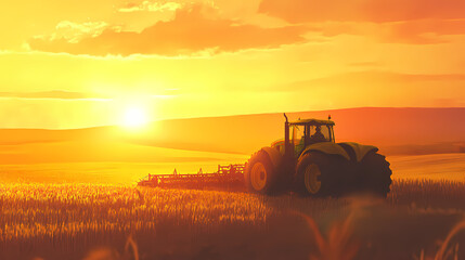 Obraz premium Agriculture technology and innovation: feedback and communication in modern farming. tractor in a field at sunset. Goldenhour. Illustration