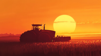 Fototapeta premium Agriculture technology and innovation: feedback and communication in modern farming. tractor in a field at sunset. Goldenhour. Illustration