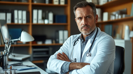 Fototapeta premium Portrait of a handsome middle-aged doctor sitting at a desk in an office, looking into the camera with arms crossed and a serious expression