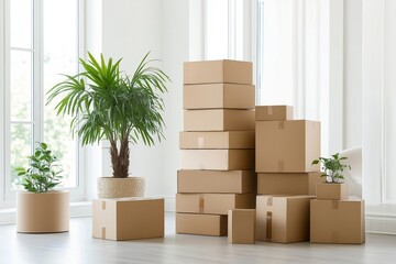 Bright minimalist living room filled with cardboard boxes ready for moving day. Plants in beige pots add touch of greenery. New home awaits. Moving essentials organized. Simple style. Home