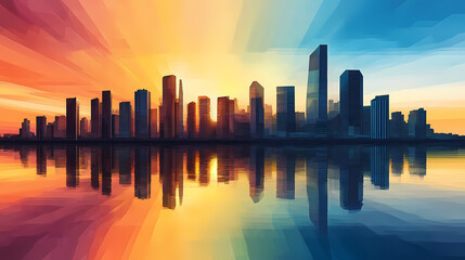Obraz premium City skyline with geometric buildings silhouetted against a tranquil golden sunset, highlighting the peaceful horizon. Goldenhour. Illustration