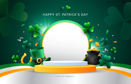 St Patrick’s Day podium background design with green hat, horseshoe, pot of money, gold coins and shamrock leaves. Vector illustration for sales promotion template. 