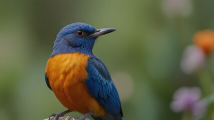 Fototapeta premium Vibrant blue and orange bird perched on branch.