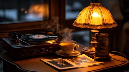 Obraz premium Cozy evening scene with vintage record player, lamp, and tea. Warm lighting, steam rising from teacup, and old photos on table.