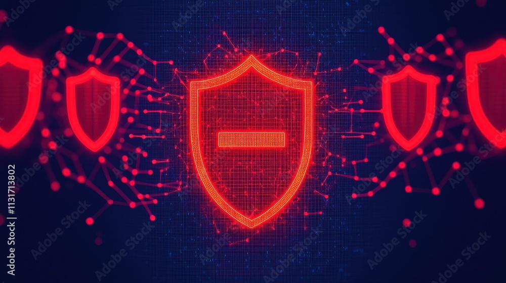 Poster digital security concept with red shields and network connections