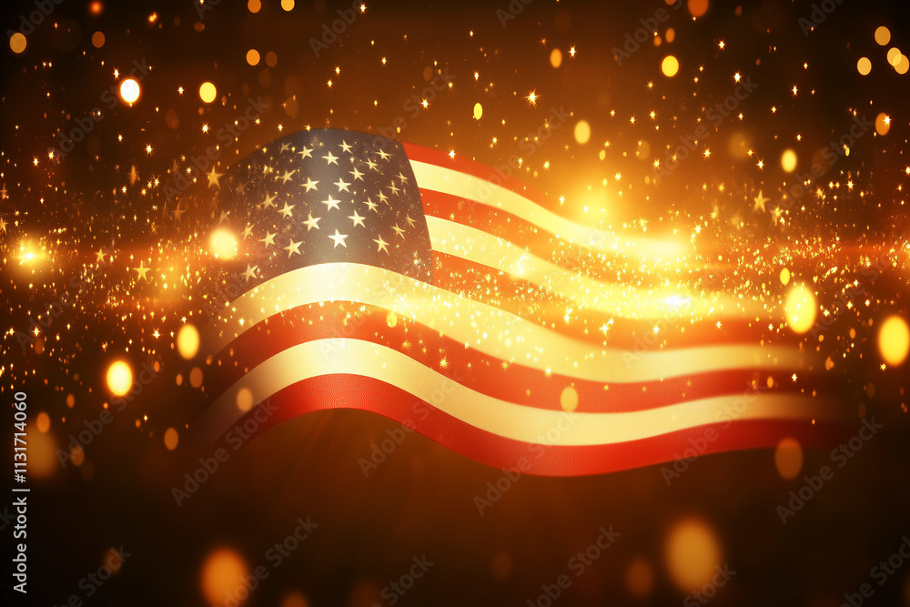 Poster vibrant flag blowing in the wind against a dazzling background of sparkling lights and golden bokeh 