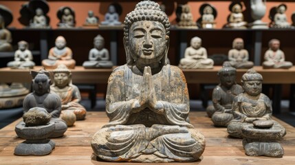 Obraz premium Ancient Buddha statues on display in a shop.