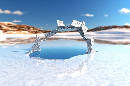 A 3D-rendered error popup with a cracked glass effect, floating in a surreal digital landscape