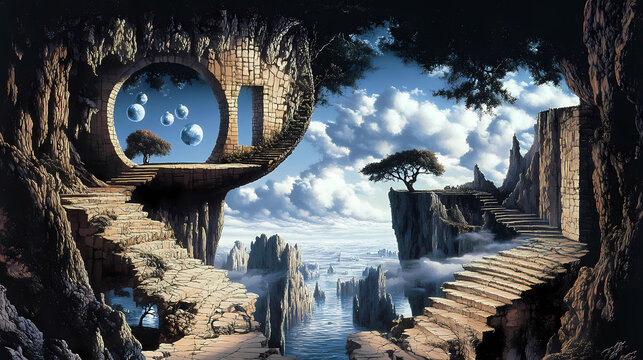 _ . trompe l'oeil - moodswinger a surrealist depiction of a myst. Myst. Illustration