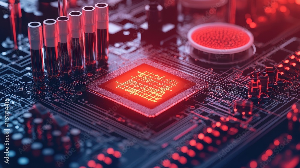 Aufkleber close-up of circuit board with red led microchip and tubes