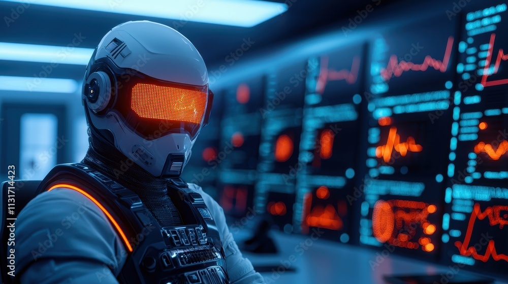 Aufkleber futuristic space operator with orange visor in high-tech command room