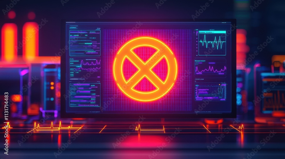 Poster neon cybersecurity interface with warning symbol on screen
