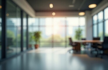 Empty modern office space with large windows. Natural light streams into open area. Blurred meeting area with table, chairs. Modern design. Office interior. Sun shines through large window. Light