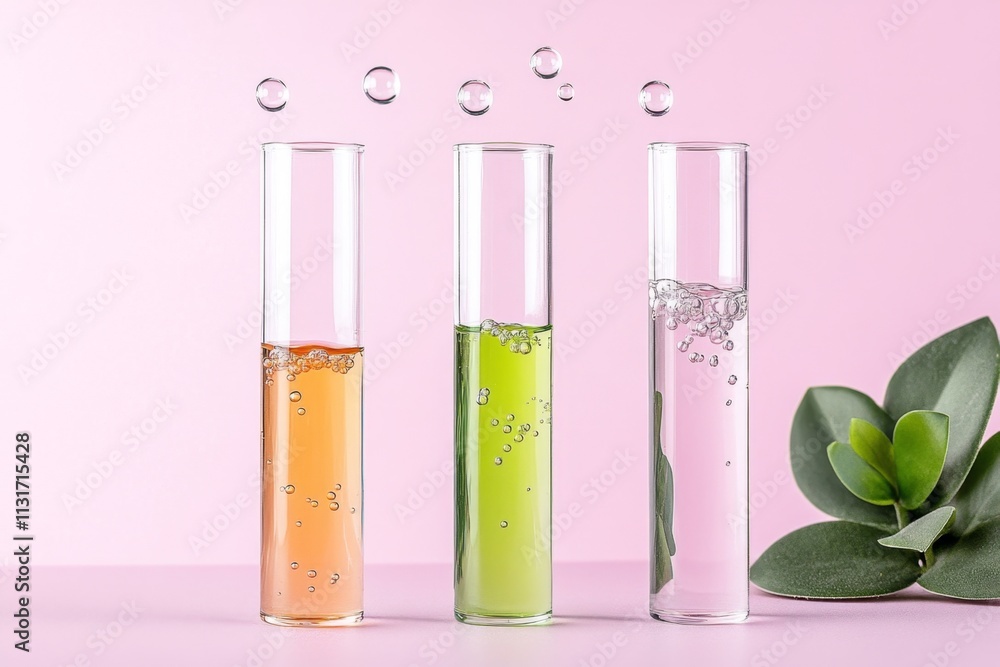 Poster a clean and modern design of a single test tube with bubbles rising from it, in neutral tones