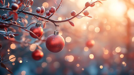 Fototapeta premium Frosty Red Christmas Ornaments on Branch