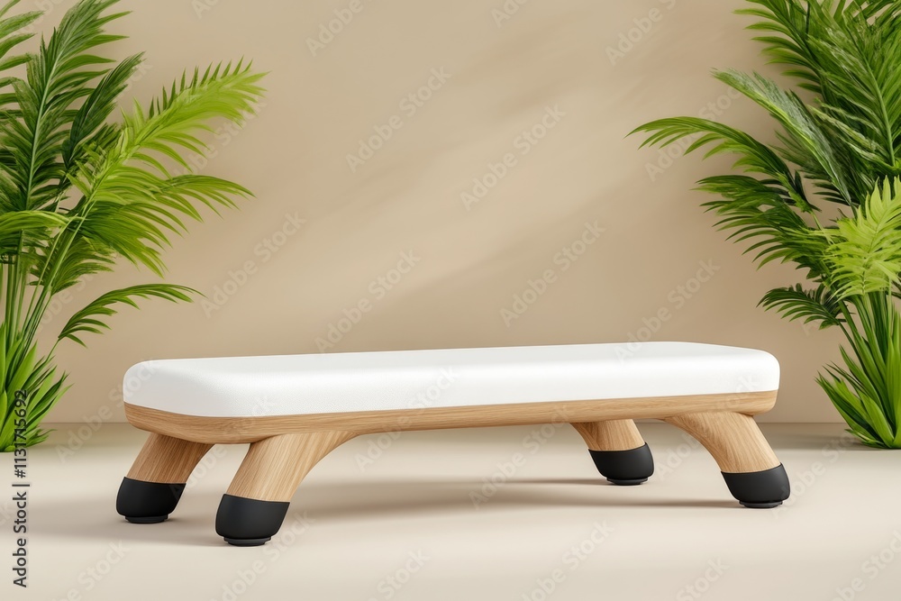 Poster a clean, geometric design of a pilates ladder barrel, isolated on a neutral background with subtle s