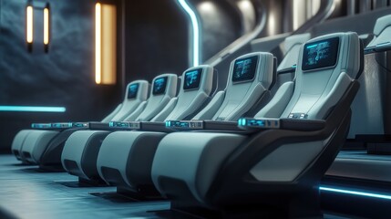 Futuristic movie theater seats with integrated screens.