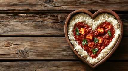 Heart-shaped indian dish on rustic table cozy food photography for cooking lovers