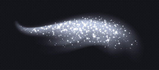 Silver magic cloud with sparkles, stardust sparkling decoration. White glowing glitter smoke trail. Christmas vector illustration. © Likanaris