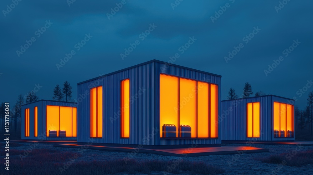 Poster modern architectural structures with illuminated windows at dusk