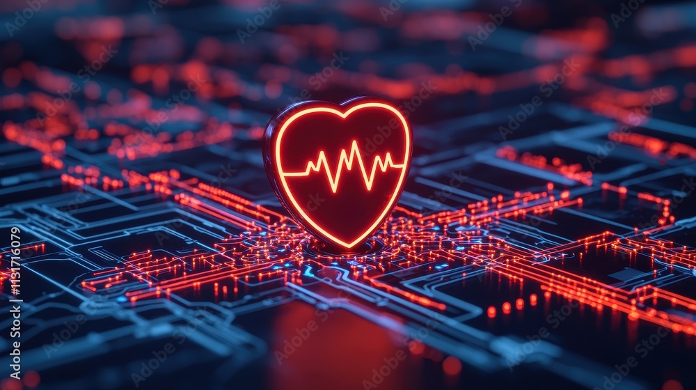 Poster neon heartbeat technology graphic with circuit patterns and glow