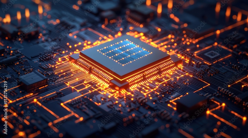 Poster detailed close-up of high-tech circuit board with glowing elements