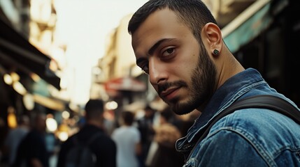 Obraz premium Man with a beard and earrings is standing in a crowded street