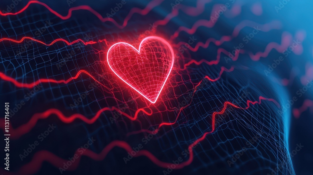 Poster heartbeat visualization with neon heart and waveform background