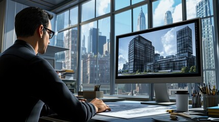 Fototapeta premium Architect reviewing building design on computer in modern office with city view.