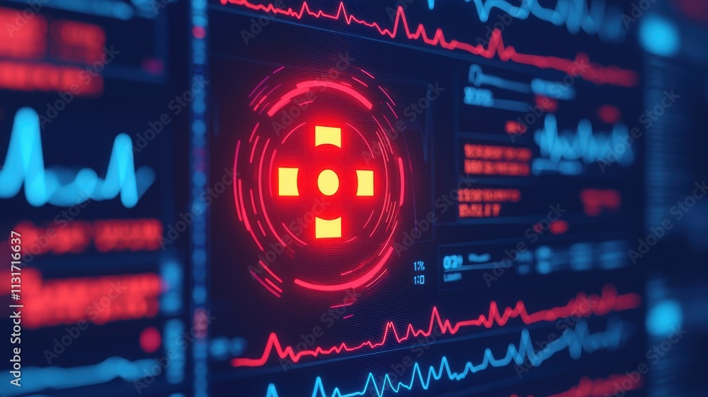 Poster red target symbol overlay on digital heartbeat monitor display