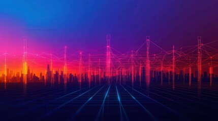 Naklejka premium Futuristic City Skyline with Digital Connections and Vibrant Sunset