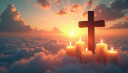 Softly glowing candles, wooden cross appear on bed of clouds at sunset. Symbol of eternal rest on Souls Day. Peaceful scene evokes memories of loved ones. Beautiful imagery, suitable for religious
