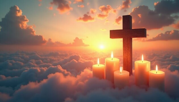Softly glowing candles, wooden cross appear on bed of clouds at sunset. Symbol of eternal rest on Souls Day. Peaceful scene evokes memories of loved ones. Beautiful imagery, suitable for religious