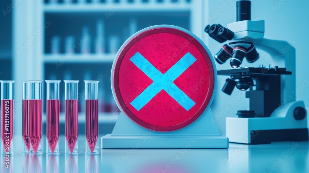Poster red warning sign with microscope and test tubes in laboratory setting