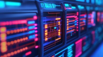 Naklejka premium Futuristic Digital Interface with Neon Elements and Data Visualization