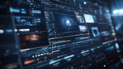 Obraz premium Futuristic digital interface with multiple screens displaying data and information.