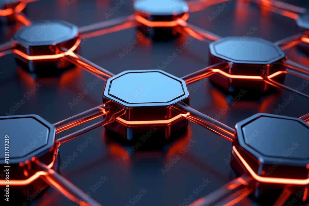 Poster A detailed 3D illustration of an interconnected ERP network, with each module represented as a glowing cube linked by neon lines
